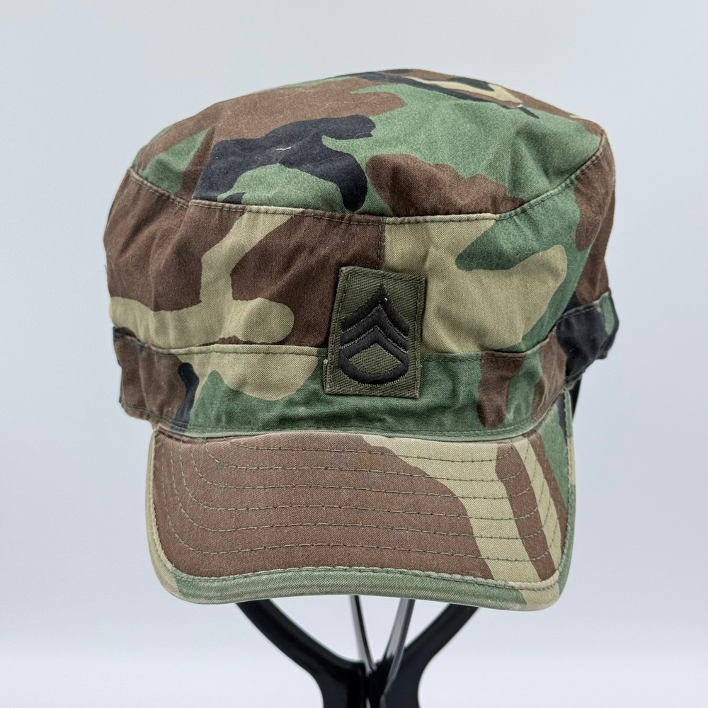 US Military Woodland Camo Patrol Cap Sekri Industries SSG Rank Size 7 1/2